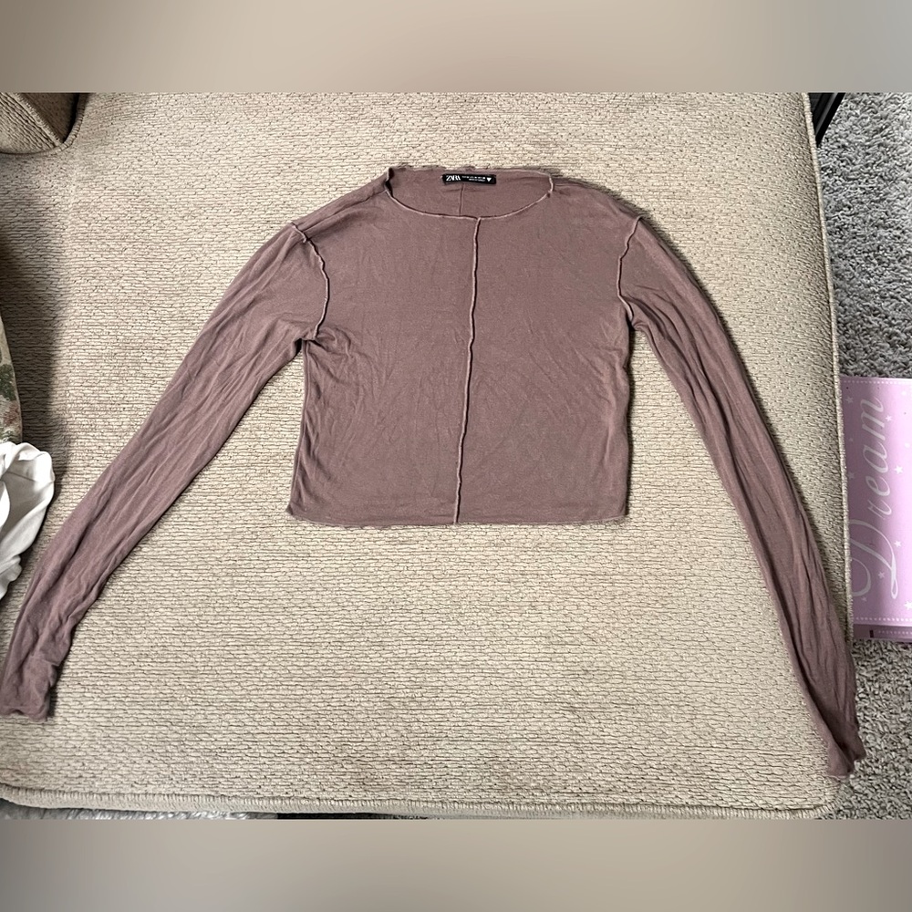 Zara long sleeve slightly crop top light brown